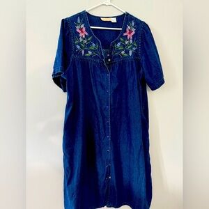 VTG La Cera Denim Floral Dress With Pockets Blue Midi Dress Button Down 1X XL